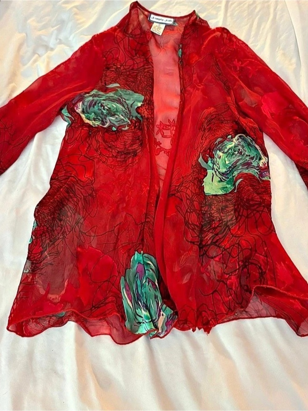 Simply Silk Sheer Abstract Floral Blouse in Red & Green Size Small